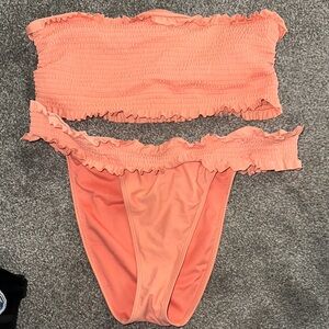 Ruffled Coral Bandeau Bikini Set
